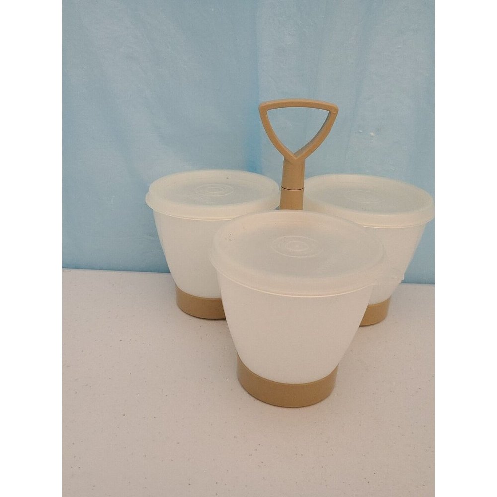Vintage Tupperware 757 Condiment Serving Caddy Tan 3 Containers/Lids Relish